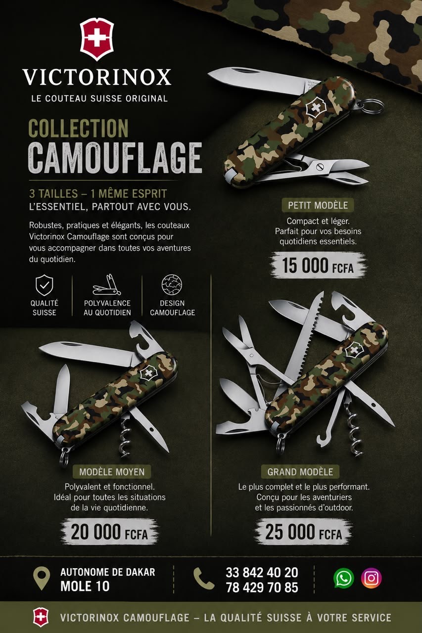 Collection Victorinox Camouflage : petit modèle à 15 000 FCFA, modèle moyen à 20 000 FCFA et grand modèle à 25 000 FCFA