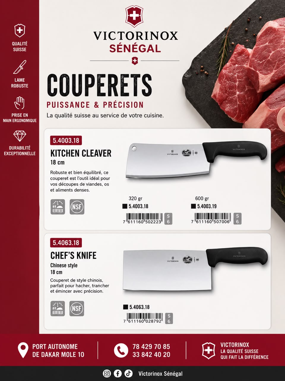 Couperets Victorinox, Kitchen Cleaver et Chef's Knife style chinois 18 cm, 33 000 FCFA